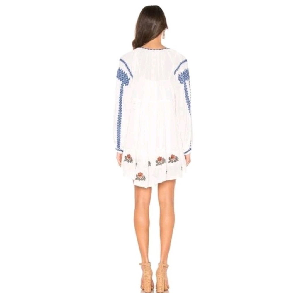 Free People Embroidered Boho Mini Dress Ivory Blue White Tassel Eyelet Small - Picture 3 of 12